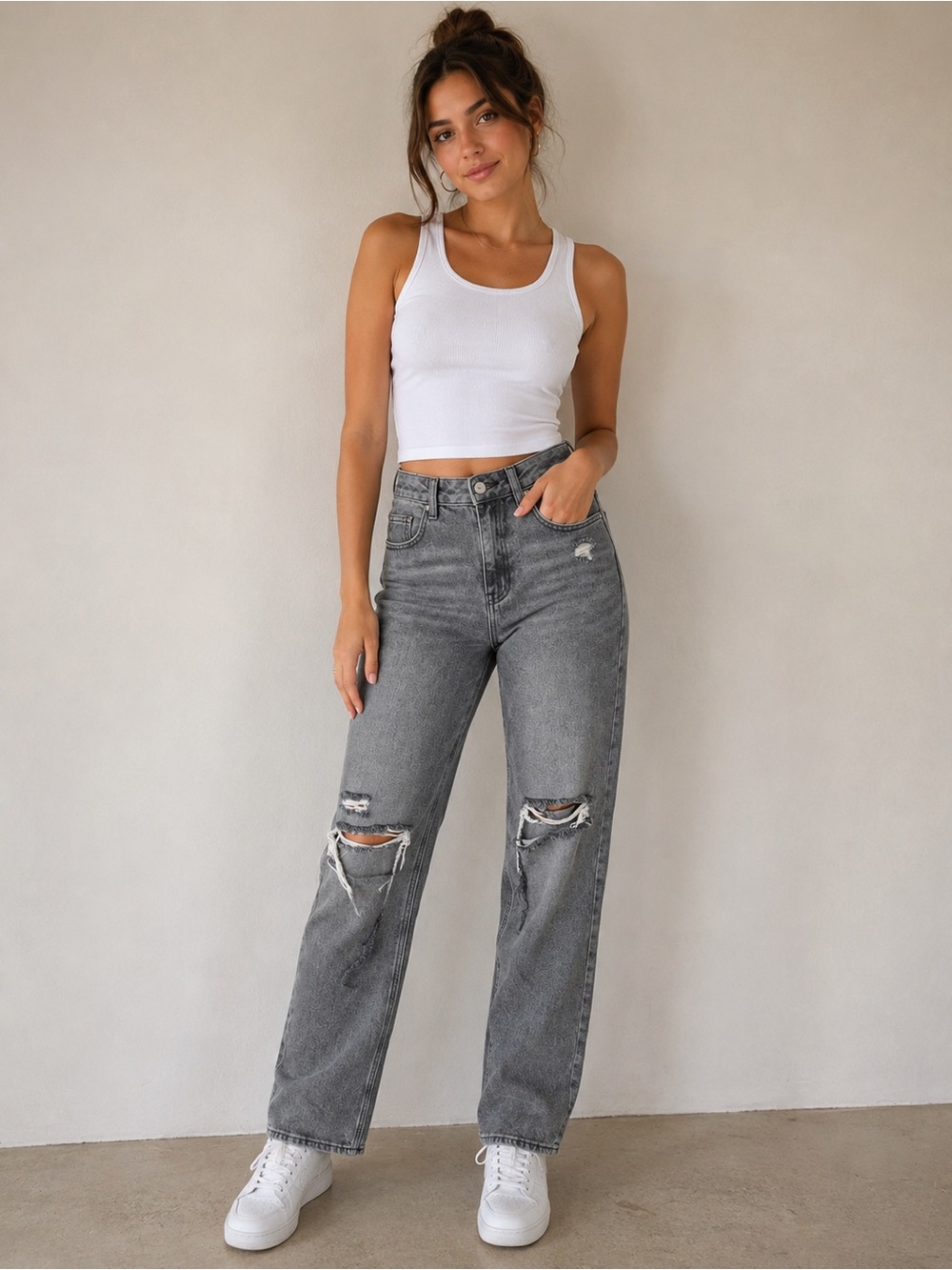 PacSun Gray High-Rise Distressed Straight Leg Jeans Size 27